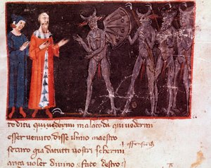 Dante e Virgil falam com Malacoda, líder dos esquadrões Malebranche (canção 21 do Inferno, na Divina Comédia) - miniatura de Italian School