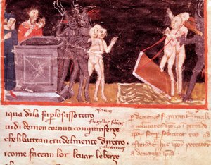 Dante e Virgil rodeados pelos chulos e sedutores (canção 18 do Inferno, na Divina Comédia) - Miniatura de Italian School