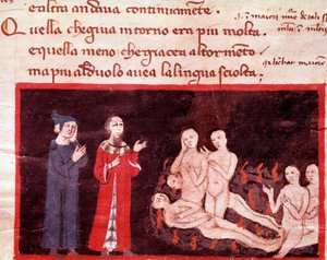 Dante et Virgil rodeados pelos violentos (canção 14 do Inferno, na Divina Comédia) - miniatura do século XIV de Italian School