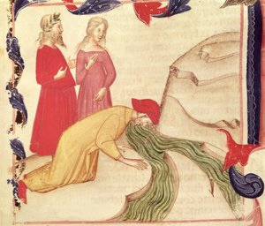 Dante purificando-se antes de entrar no paraíso, da divina comédia de Dante Alighieri (1265-1321) de Italian School