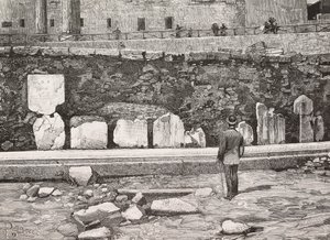 Hemiciclo decorativo no Fórum Romano, Roma, Itália, gravura de desenho de Dante Paolocci, de L