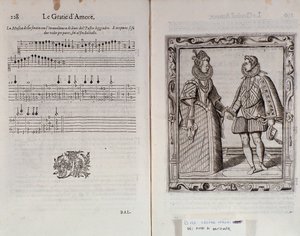 Descrição do balé para dois Página dupla de Le Gratie dAmore (Le Grazie dAmore) pelo dançarino italiano Cesare Negri chamado Il Trombone (1536-1604), tratado sobre dança de Italian School