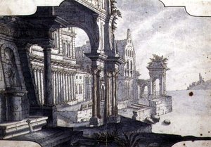 Desenho para um conjunto de palco, c.1750 (caneta e tinta e aguarela sobre papel) de Italian School