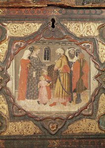 Detalhe de uma cassete mostrando a história de Saladino e Torello de Ístria, de Giovanni Boccaccio (tempera no painel) (ver também 444280-81) de Italian School