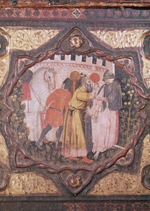 Detalhe de uma cassete mostrando a história de Saladino e Torello de Ístria, de Giovanni Boccaccio (tempera no painel) (ver também 444281-82) de Italian School