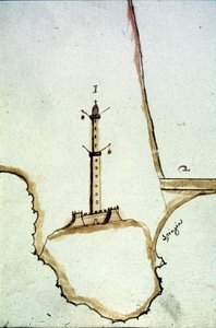 Detalhe de um mapa topográfico manuscrito do século XVII, mostrando a posição da lanterna de Génova. de Italian School