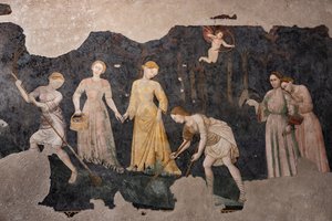Detalhe dos afrescos, Câmara Pinta (Sala Pintada) (fresco) de Italian School