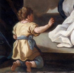 Detalhe da pintura retratando a Madonna do Rosário com os Santos Dominik e Catarina de Siena de Italian School
