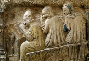 Detalhe representando os alunos que seguem o curso de Bonifacio Galluzzi (Laje Grave, cerca de 1346) de Italian School
