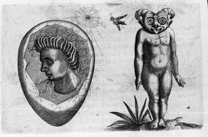 Diferentes tipos de monstros humanos: um homem fóssil e um monstro. Gravura de "De monstrorum natura, causis et differentiis" de Fortunio Liceti (1577-1656), cientista italiano. 1646 de Italian School