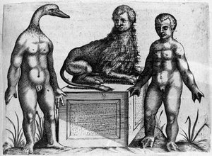 Diferentes tipos de monstros humanos: um homem com a cabeça de um pato, um homem com o corpo de um leão e outro com as mãos da palma da mão. Gravura de "De monstrorum natura, causis et differentiis" de Fortunio Liceti (1577-1656), cientista italiano. 1646 de Italian School