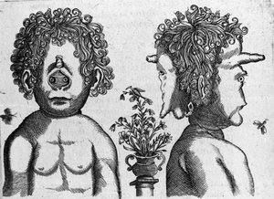 Diferentes tipos de monstros humanos: rosto e rosto de cabeça de monstro. Gravura de "De monstrorum natura, causis et differentiis" de Fortunio Liceti (1577-1656), cientista italiano. 1646 de Italian School