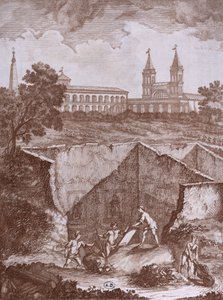 Descoberta de uma casa e afrescos em Roma em 1780, ilustração de pinturas antigas encontradas durante uma busca em 1780, publicada em Roma 1783 de Italian School