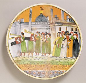 Prato decorado com músicos (cerâmica) de Italian School