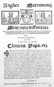 Documento declarando o julgamento do Papa sobre a validade do casamento de Henrique VIII e Catarina de Aragão, 1534 (impresso) de Italian School