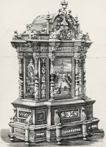 Gabinete em ébano com incrustações do marceneiro Alessandro Monteneri de Perugia (em atividade no século 19-20), ilustração da exposição italiana de 1881 em Milão, Itália de Italian School