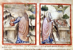 Episódio do sacrifício de Isaac por Abraão. Miniatura do códice 212 (ou códice padovano ou Bíblia de Pádua) 1390-1400 Rovigo, Accademia dei Concordi de Italian School