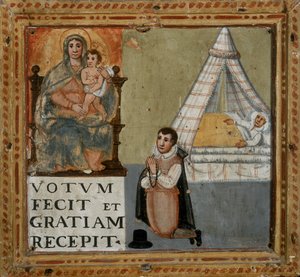 Ex-voto representando um homem agradecendo a Virgem de joelhos por ter sido curado de uma doença, 1604 de Italian School