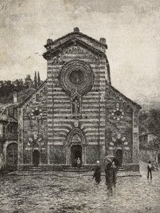 Fachada da Catedral de Bellano, Lago Como, Itália, gravura de desenho de Quinto Michetti, de L