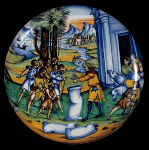 Taça de faiança representando Joseph na bolsa de Benjamin a taça que ele tinha colocado nela. Feito pela caixa de fabricação Pirota de Italian School