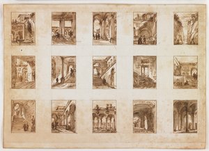 Quinze exibições arquitetônicas e italianas em miniatura (caneta e tinta marrom com grafite sobre papel) de Italian School