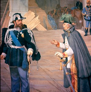 Primeira Guerra da Independência Italiana: "a Batalha de Novara (Novara) em 13/09/1849" Também chamada Batalha do Bicoque. Vittorio Emanuele (Victor Emmanuel) (Victor-Emmanuel) II (1820-1870) e Joseph Radetzky (1766-1858) após a batalha. Detalhe de um fres de Italian School