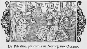 Pesca no Oceano norueguês, de uma História dos Povos do Norte por Olaus Magnus (1490-1558), publicado em Roma, 1555 de Italian School