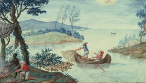 Cena de pesca retratando o mês de julho, um de uma série de doze (wc) de Italian School
