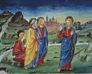 Fol.103v Após a Transfiguração Cristo diz aos apóstolos para não revelar isso até depois da Ressurreição (velino) (detalhe) de Italian School