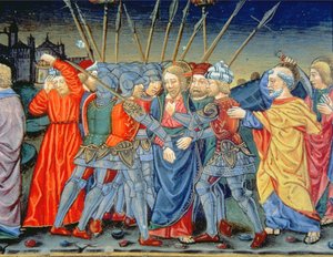 Fol.105v Simon Peter defende Cristo e feriu um soldado com uma espada (vellum) de Italian School