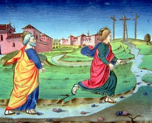 Fol.129vb Maria Madalena dá a notícia da ressurreição a Simão Pedro (vellum) de Italian School
