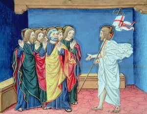 Fol.132va O Cristo ressuscitado mostra aos discípulos suas mãos e a ferida em seu lado (velino) de Italian School