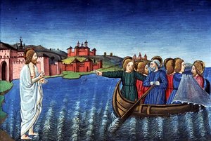 Fol.134r Os discípulos pescam no lago da Galiléia (velino) de Italian School