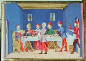 Fol.75v Jesus Durante a Refeição na Casa do Fariseu Pergunta se lhe é permitido curar no sábado (vellum) de Italian School