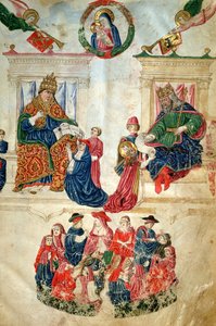Fundação da Universidade de Bolonha pelo Imperador Teodósio II (408-450) e os privilégios concedidos pelo Papa Paulo II (1417-71) (velino) de Italian School