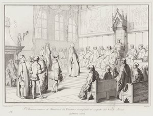 Francesco Petrarca orador de Francesco da Carrara está confuso na presença do Senado do Vêneto de Italian School