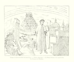 Fresco na Porta dei Servi em Santa Croce, pintura alegórica, Dante, Florença e os sete círculos, de Domenico di Michelino (gravura) de Italian School