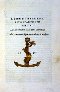 Frontispício de "Naturalium Questionum Libri VII" ou "Livro VII de Perguntas Naturais" de Seneque o Filósofo ou Lucius Annaeus Seneca (2 AC - 65 DC). JC), impresso em 1503 por Aldo Manuzio (Alde Manonce) (1450 - 1515), estudioso e impressor veneziano. de Italian School