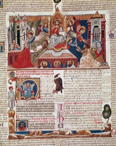 Página de Frontispício do manuscrito do "Decret de Gratien" ("Concordia discordantium canonum" ou "Decretum Gratiani") datado de 1140 e que regula as leis e os cânones da Igreja Católica Romana. Século XIV Siena, Biblioteca degli Intronati de Italian School