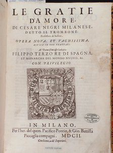 Frontispiece de Le Gratie dAmore (as benevolências do amor) pelo dançarino italiano Cesare Negri chamou o Trombone (1536-1604), tratado na dança de Italian School