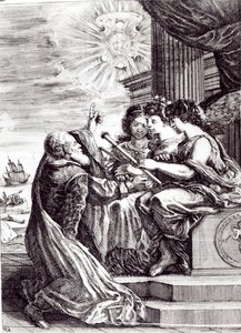 Frontispício das Obras de Galileo Galilei, publicado em Bolonha em 1656 de Italian School