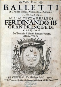 Frontispício da partitura musical de Balletti a tre, ópera III de Tomaso Albinoni (1671-1750) de Italian School