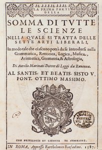 Frontispício retirado de Somma di tutte le scienze, ensaio sobre as artes liberais, de Aurelio Marinati de Italian School