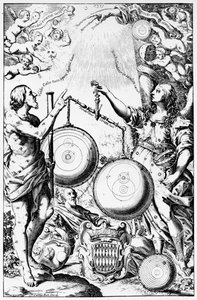 Frontispício de Almagesto Novum por Giovanni Battista Riccioli, publicado em 1651 de Italian School
