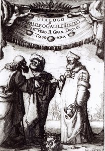 Frontispício do Diálogo acima dos dois sistemas mais altos do mundo por Galileo, publicado em 1632 de Italian School