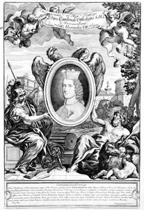 Frontispício aos velhos arco imperador vitórias notáveis com um retrato do cardeal Pietro Ottoboni gravado por Robert van Audenaerde, 1690 de Italian School