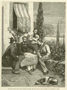 Os Exilados Italianos, entre os quais os Irmãos Bandiera, Estudando uma Expedição à Pátria na Ilha de Corfu (gravura) de Italian School