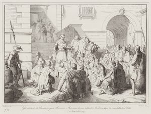 Os habitantes de Candia imploram a Francesco Morosini que os acompanhe até Veneza após a rendição de sua cidade. de Italian School
