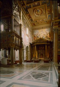 Arte gótica: vista do altar papal acima do Tabernáculo feita por Giovanni di Stefano por volta de 1367 adorna doze painéis decorados com frescos de Barna da Siena (século XIV). 1367-1368. Basílica de São João de Latrão (San Giovanni in Laterano) de Italian School
