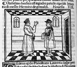 O sovina de Grimaldi Erminio enfrenta Guglielmo Borsiere, que tenta extrair dinheiro dele com belas palavras. Ilustração para o novo 61 (Novo 8 do primeiro dia) do "Decameron" de Giovanni Boccaccio dit Jean Boccaccio (1313-1375), escritor italiano. Engravi de Italian School